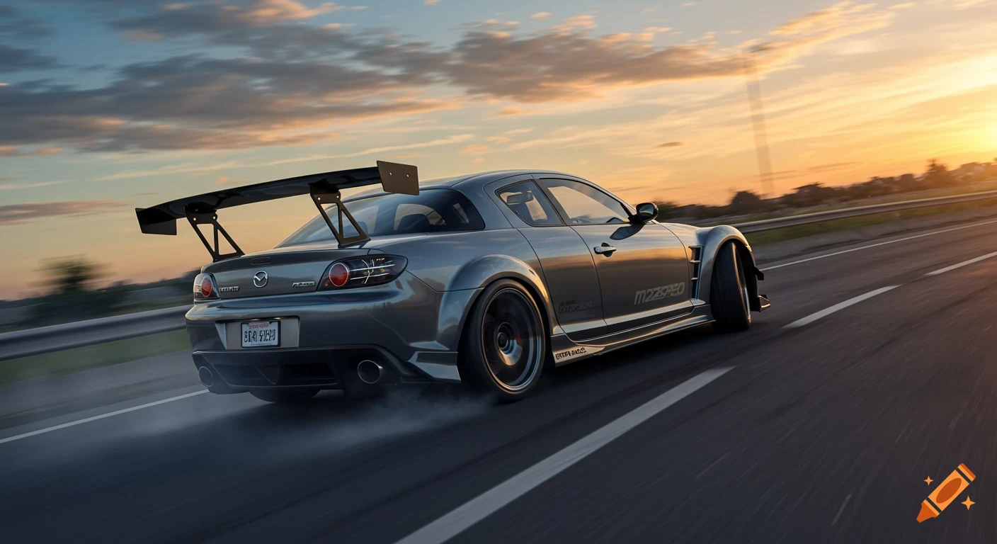 A gray Mazda RX-8 with a large rear wing drifts on a highway at sunset, with smoke trailing from the tires.