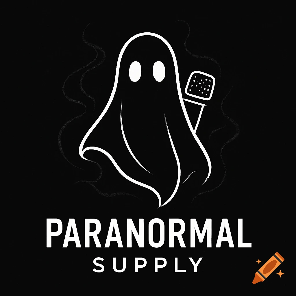 Minimalist black and white logo featuring a stylized ghost with hollow eyes and an EVP microphone, above the text 'Paranormal Supply'.