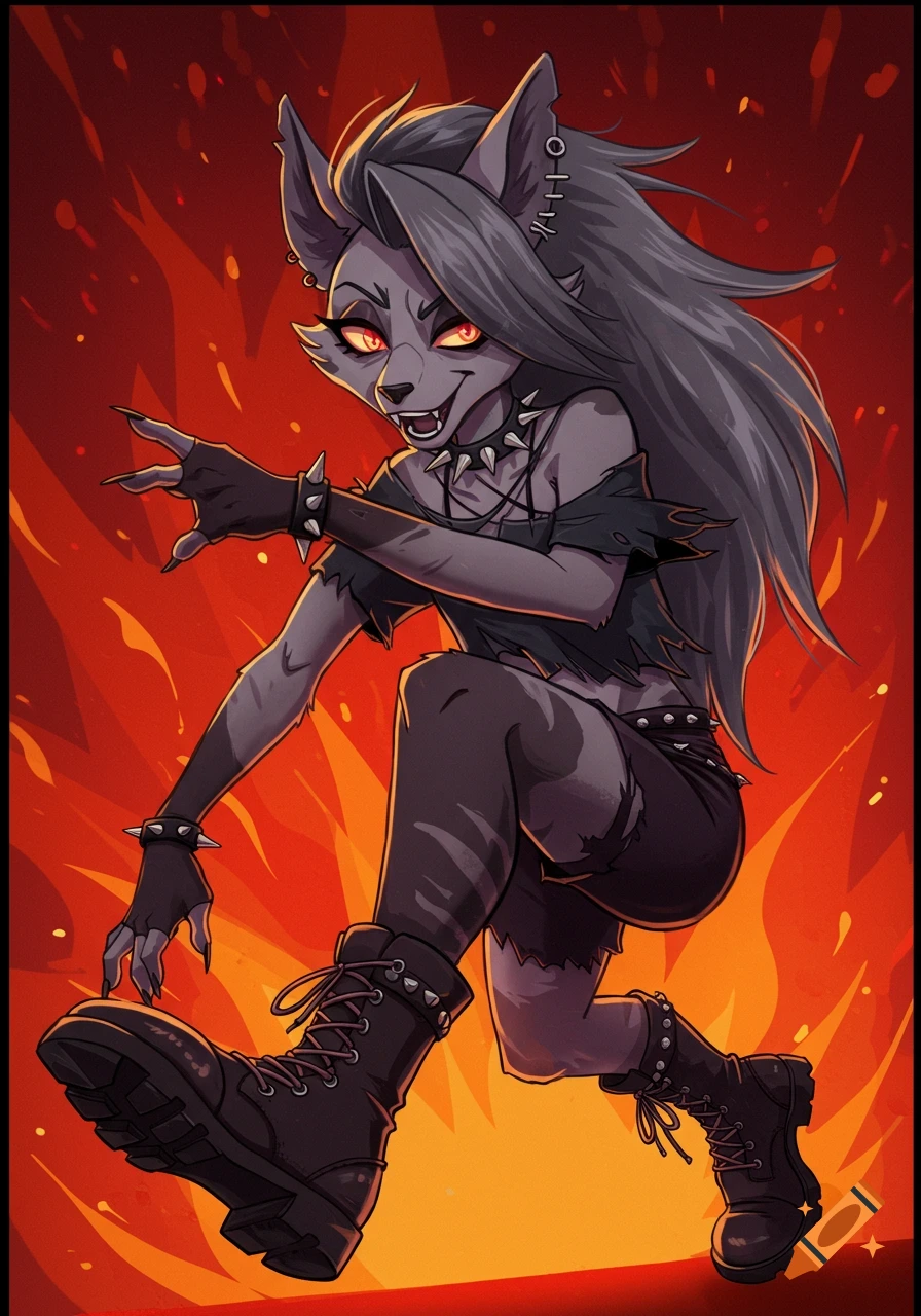 Anthro hellhound in punk attire with spiked collar and red glowing eyes stands against a fiery background.