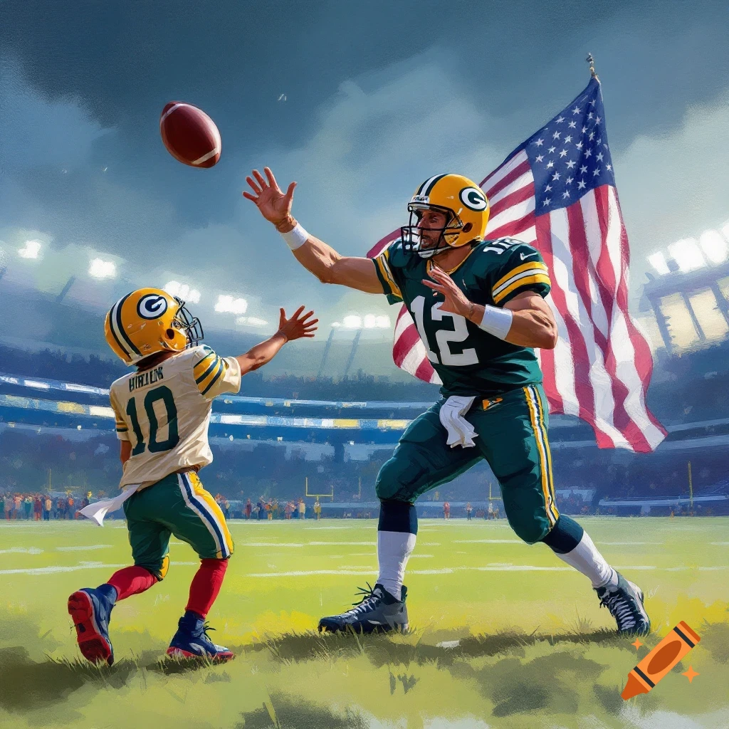 A stylized painting of an adult football player in a green and gold uniform throwing a football to a child player on a stadium field with an American flag in the background.