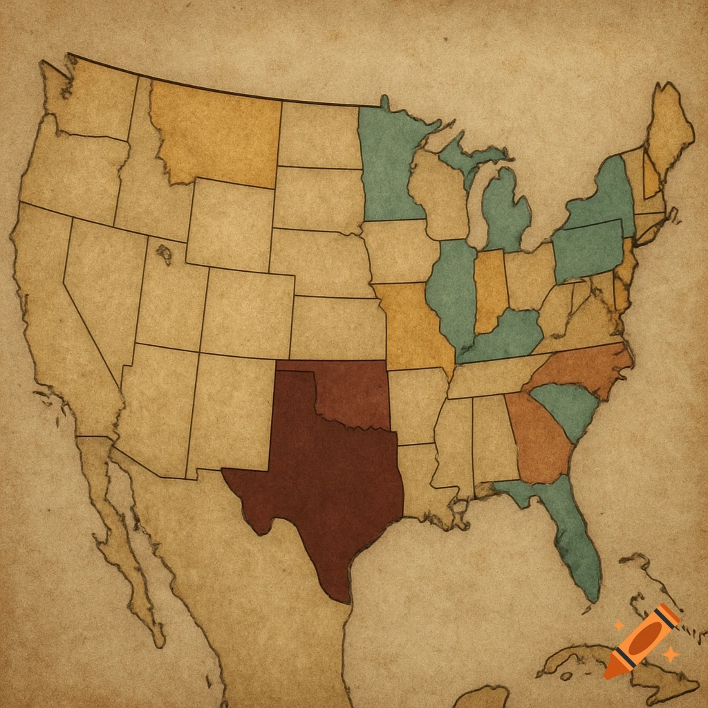 A vintage-style map of the United States with Texas highlighted in dark brown and other states in teal and gold against a parchment background.