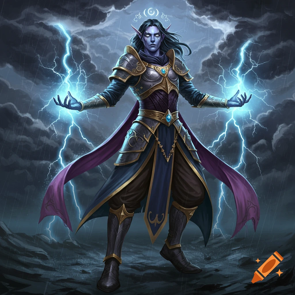 A blue-skinned fantasy character in ornate armor stands in the rain, summoning lightning with glowing hands.