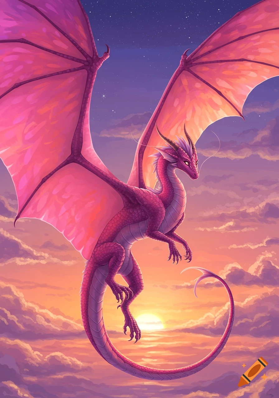 A vibrant pink dragon with large wings soars through a purple and orange sunset sky with clouds and stars, digital art.