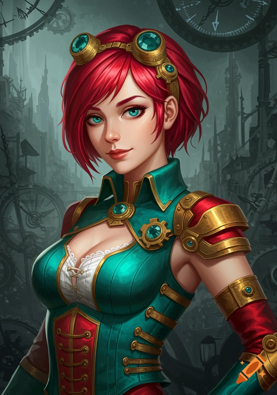 A vibrant portrait of a red-haired woman with teal eyes in a detailed teal and red steampunk outfit against a dark, industrial background.