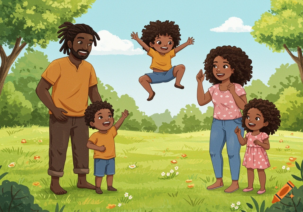 A joyful Black family, including a dad, mom, and two children, plays in a sunny, grassy field in a children's book art style.