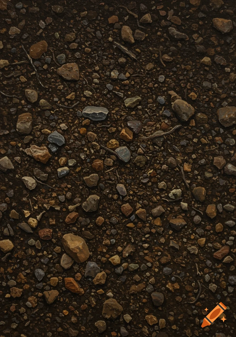 A detailed, photorealistic overhead view of dark brown soil with various sizes and colors of rocks and pebbles.