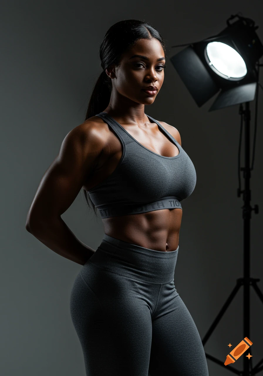A muscular Black woman in a grey sports bra and leggings poses in a photo studio with a large light on a stand.