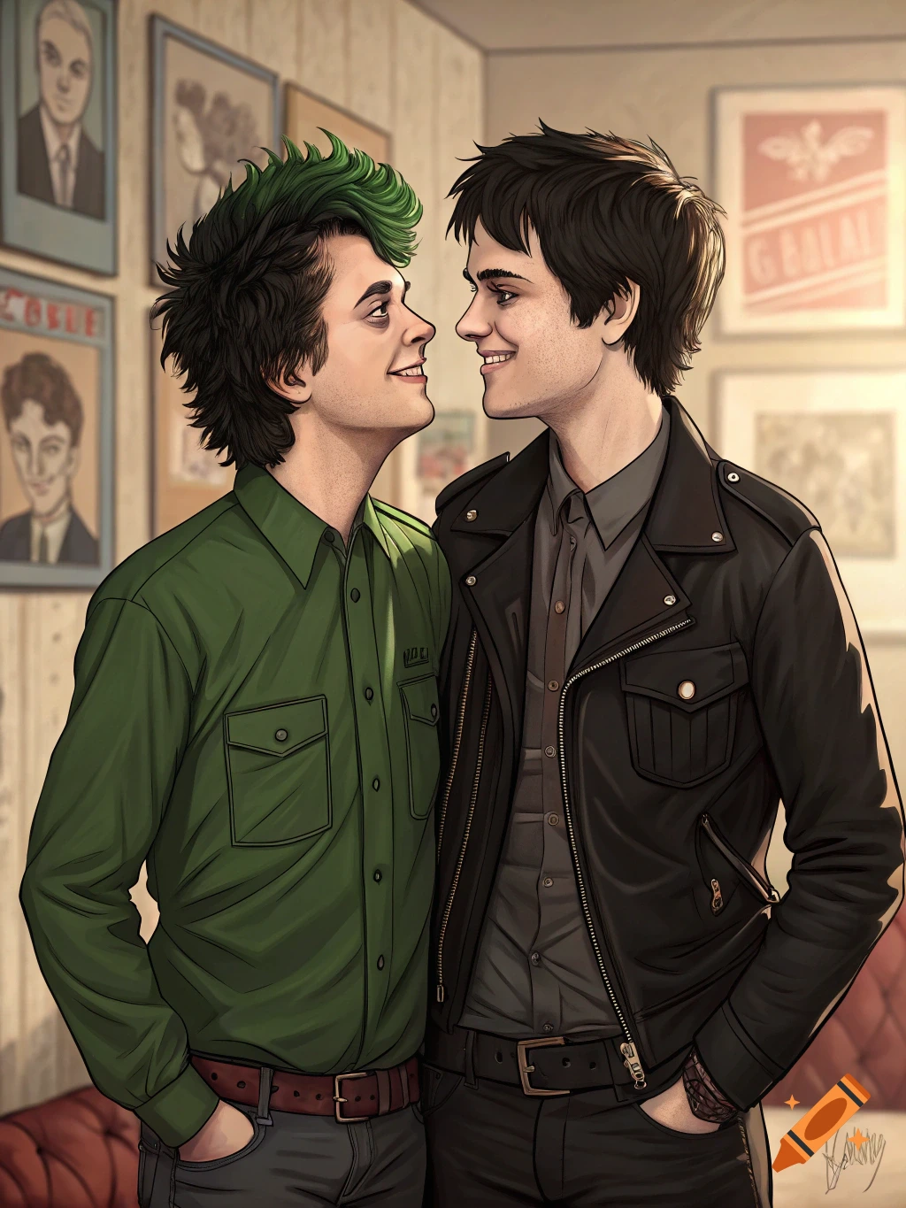 An illustration of two young men, one with green-streaked hair, smiling and looking at each other in an affectionate way, in an indoor setting.