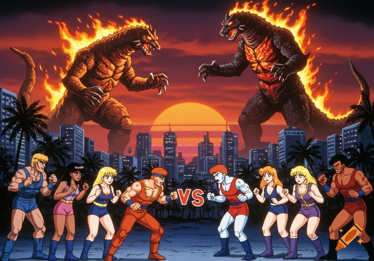 Two kaiju monsters battle above a city skyline as two teams of anime-style human fighters face off below, in a retro 90s aesthetic.