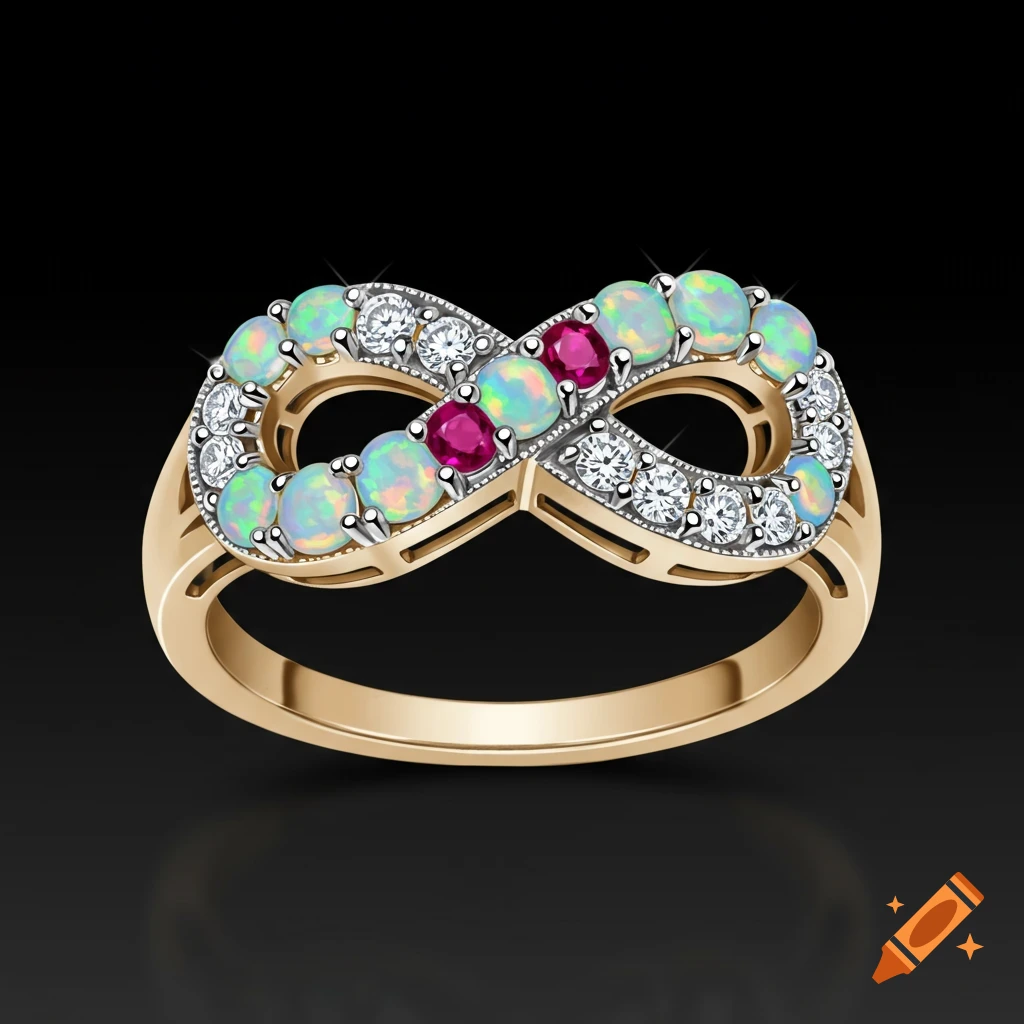 Gold infinity symbol ring adorned with opals, diamonds, and two rubies, against a dark background.
