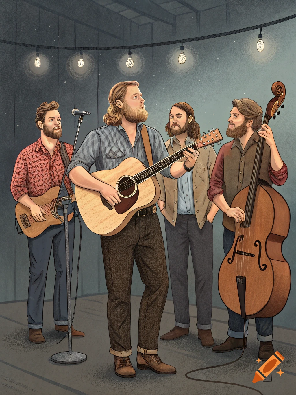 An illustrated band of four bearded men plays instruments on a dimly lit stage with string lights overhead.