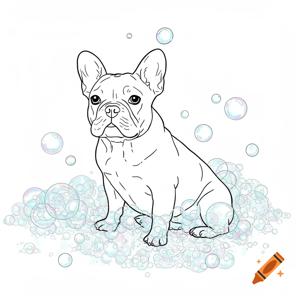 Black line art illustration of a French bulldog sitting amidst many colorful bubbles.