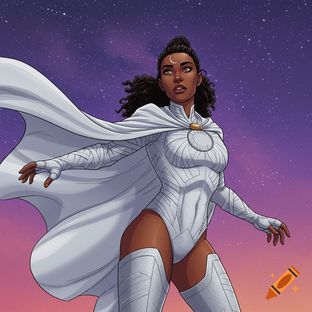 A superhero character resembling Moon Knight, with dark skin, curly hair, and a crescent moon symbol on her forehead, stands in a white suit and cape against a starry night sky.