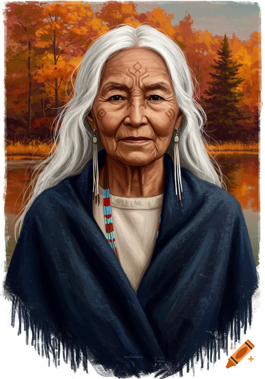 Painterly portrait of an elderly Native American woman with long white hair, wearing a dark shawl against an autumn forest and lake.