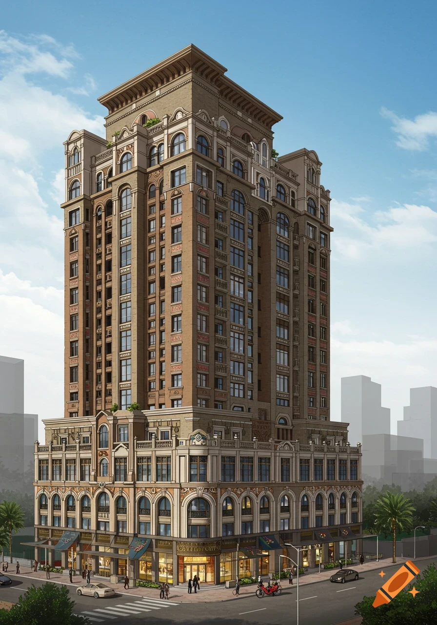 A tall, ornate brown and beige architectural building with arched windows and storefronts at street level under a blue sky.