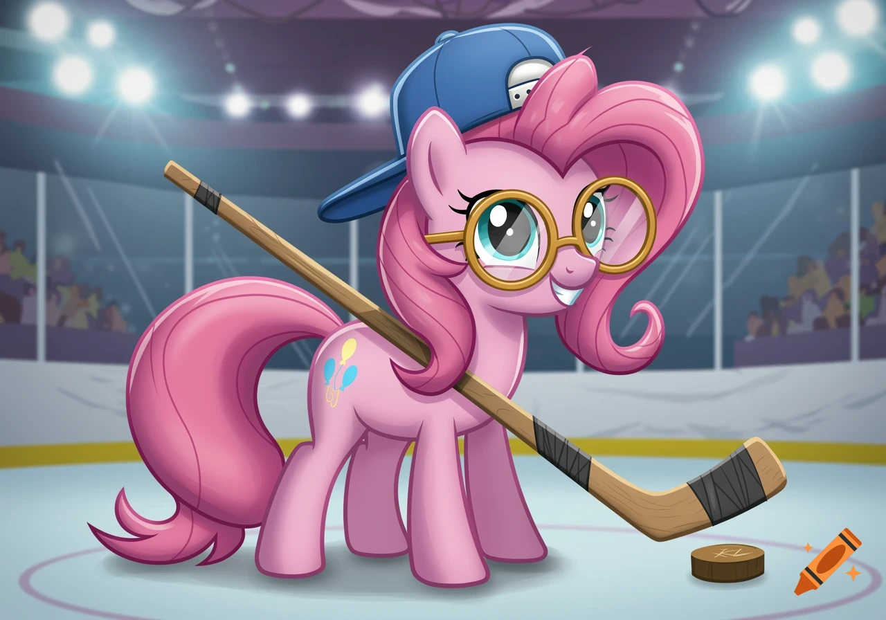A pink pony wearing a backwards blue baseball cap and glasses holds a hockey stick on an ice rink next to a puck, in cartoon style.