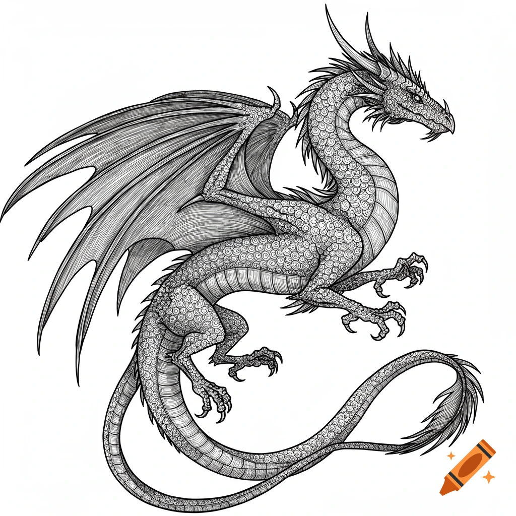 A detailed black and white line drawing of a winged dragon with intricate scales and a long tail.