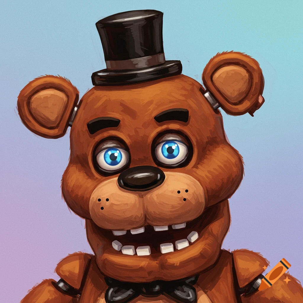 Close-up of a brown animatronic bear with blue eyes, a black top hat, and a black bow tie, against a gradient background.