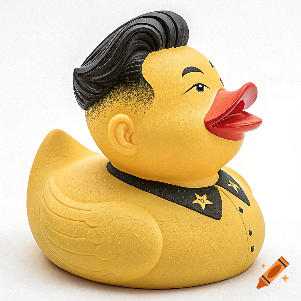Yellow rubber duck styled as Kim Jong Un, with a black pompadour, red beak, and a uniform with stars.