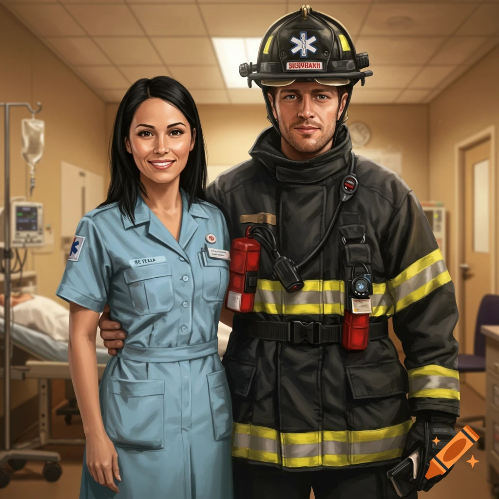 A male firefighter and a female paramedic stand together in a hospital hallway, posing for a portrait.