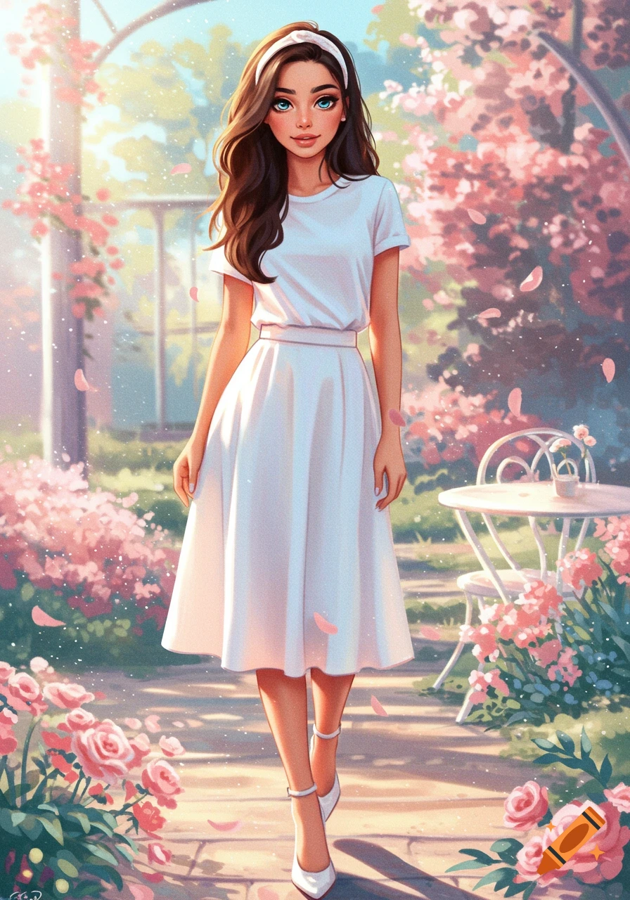 Anime illustration of a woman with long brown hair and blue eyes, wearing a white dress, walking in a sunny garden with pink flowers.