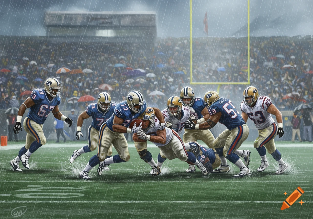 An American football game in heavy rain on a green field, with players in blue and white uniforms tackling the ball carrier, with spectators in the background. Photorealistic digital painting.