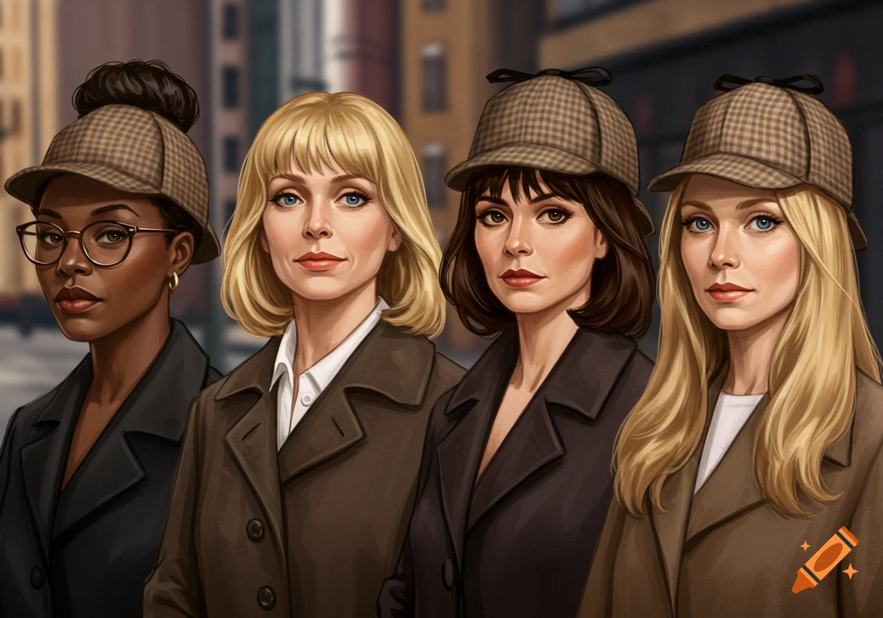 Four diverse women in Sherlock Holmes hats and trench coats stand outdoors in an illustrative style.