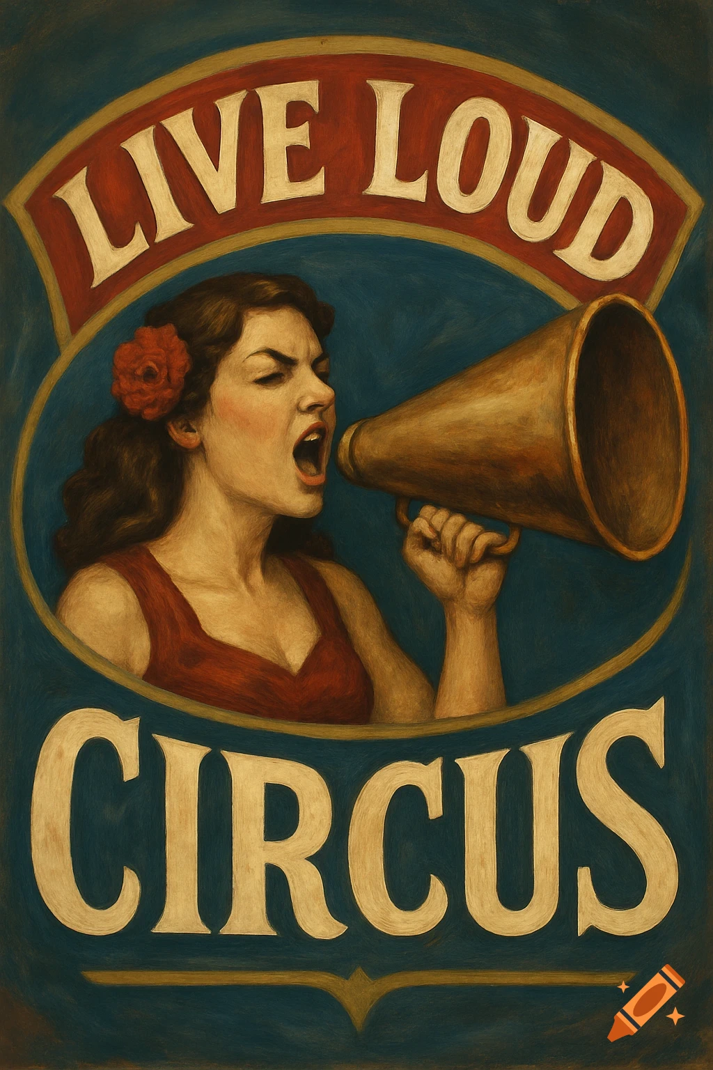 Vintage-style poster featuring a woman with a red flower in her hair shouting into an old-fashioned megaphone, with 'LIVE LOUD' and 'CIRCUS' text.