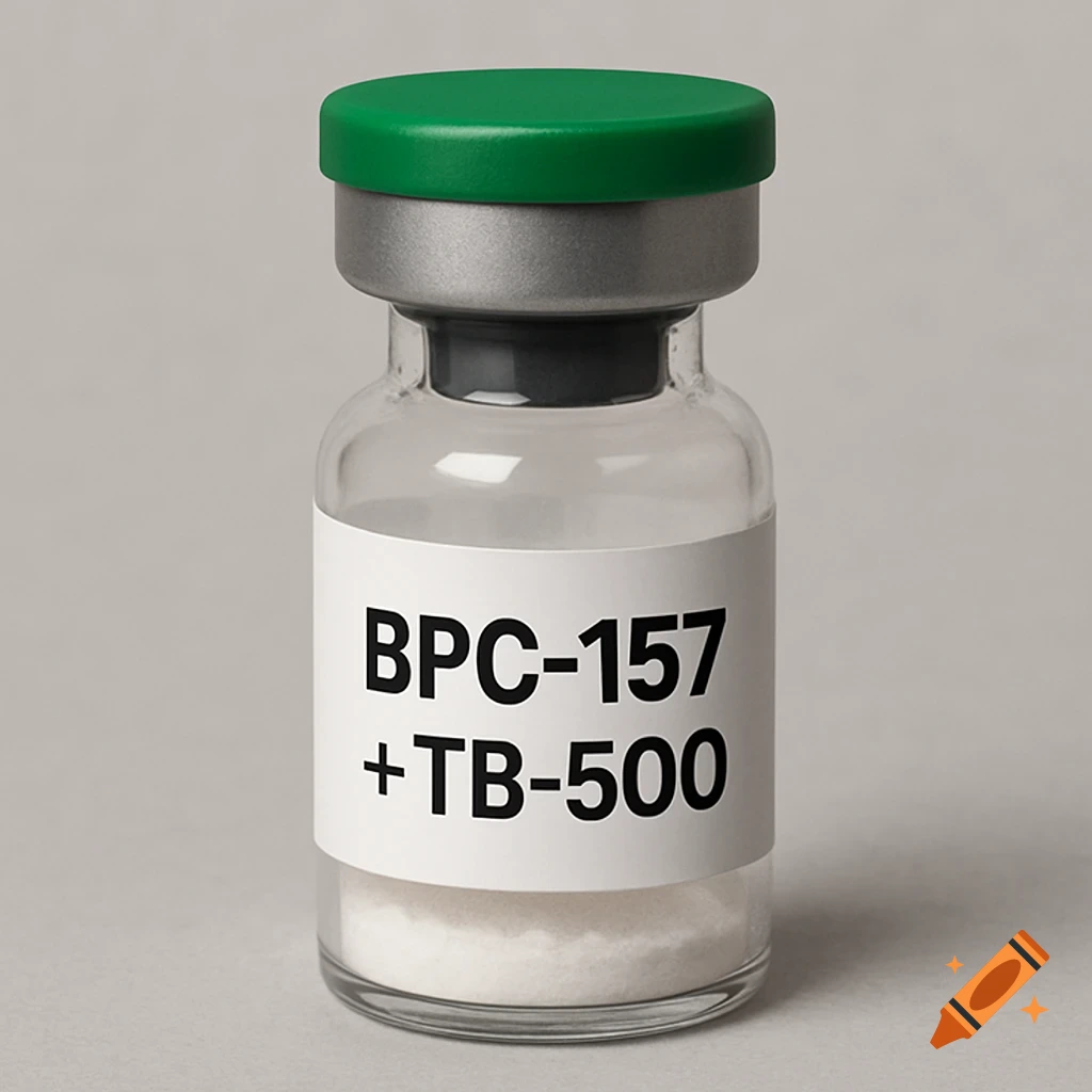 bpc 157 private label A photorealistic close-up of a glass medical vial with a green cap and a white  label displaying 'BPC-157 + TB-500'. on Craiyon