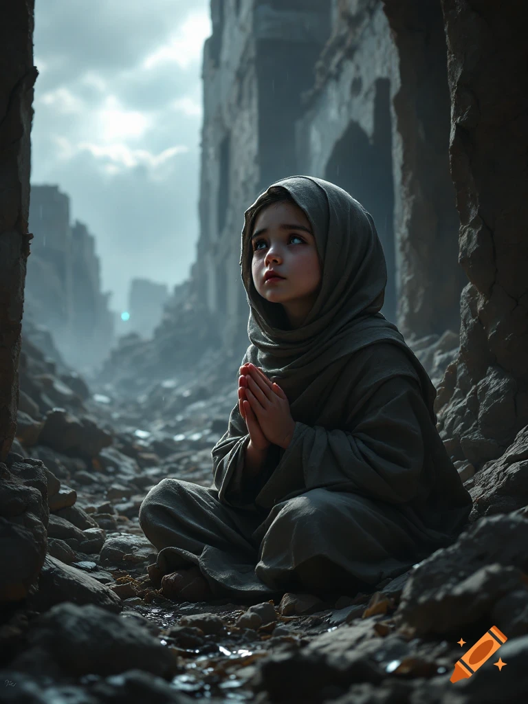 A solemn young child in simple robes sits on rubble, hands clasped, looking up with a sorrowful expression in a ruined city.