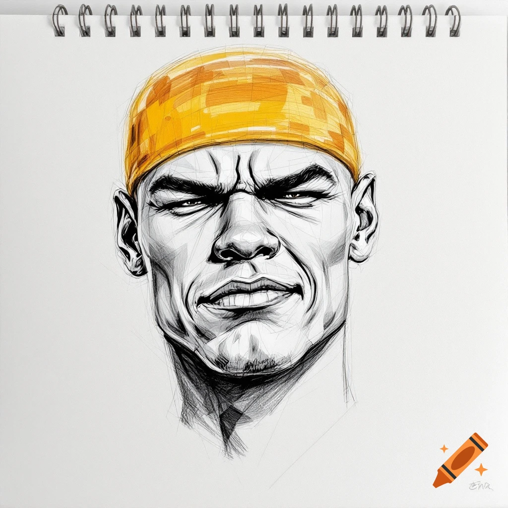 A detailed black and white sketch of John Cena's intense face with a yellow durag, drawn on a sketchbook page.