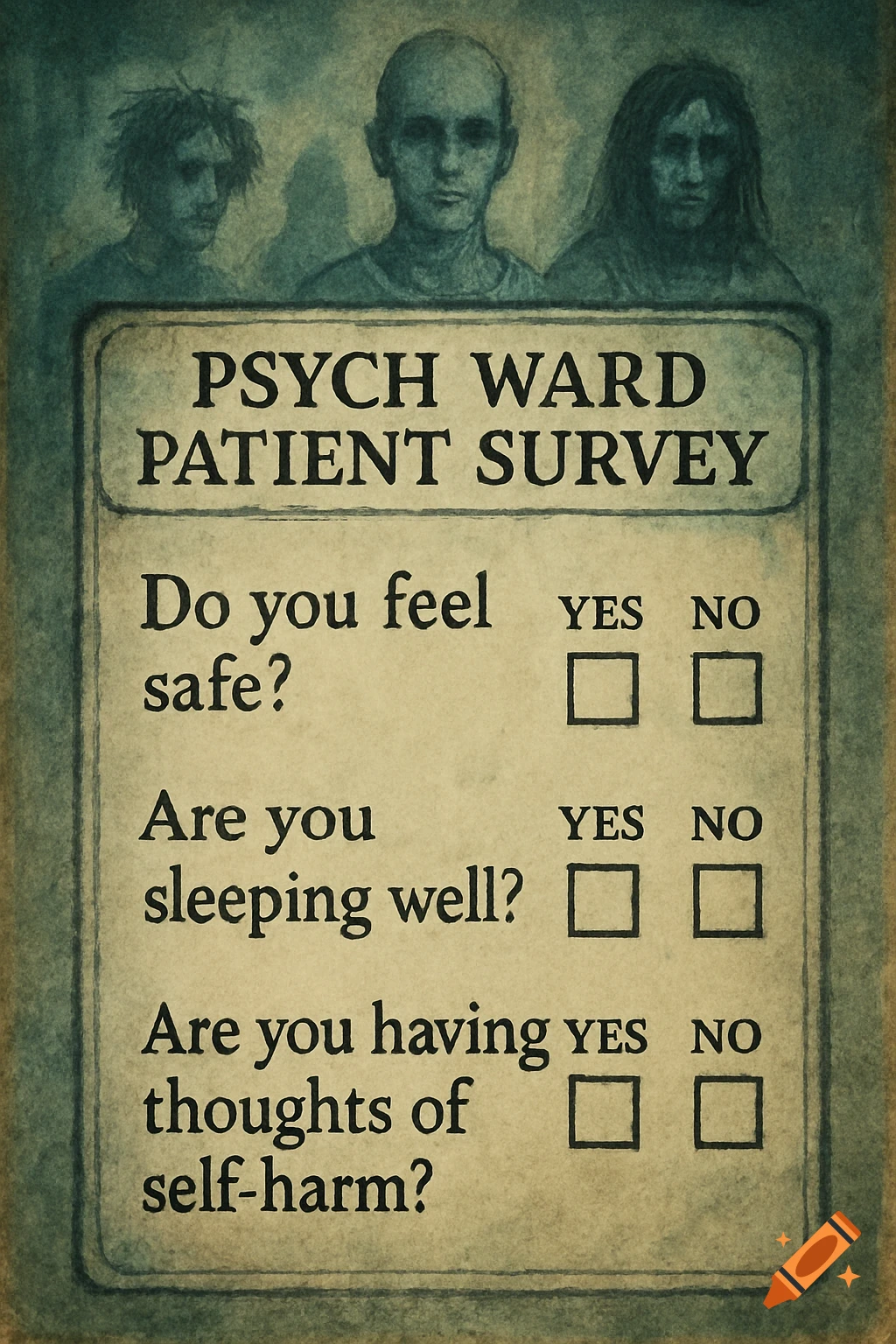 An illustration of a psych ward patient survey form with questions about safety and self-harm, featuring three somber figures above.