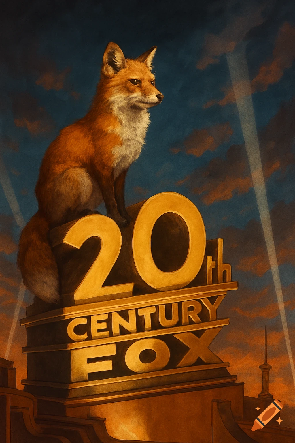 A realistic fox sits atop the golden 20th Century Fox logo under a dramatic, cloudy sky with light beams, in a painted style.