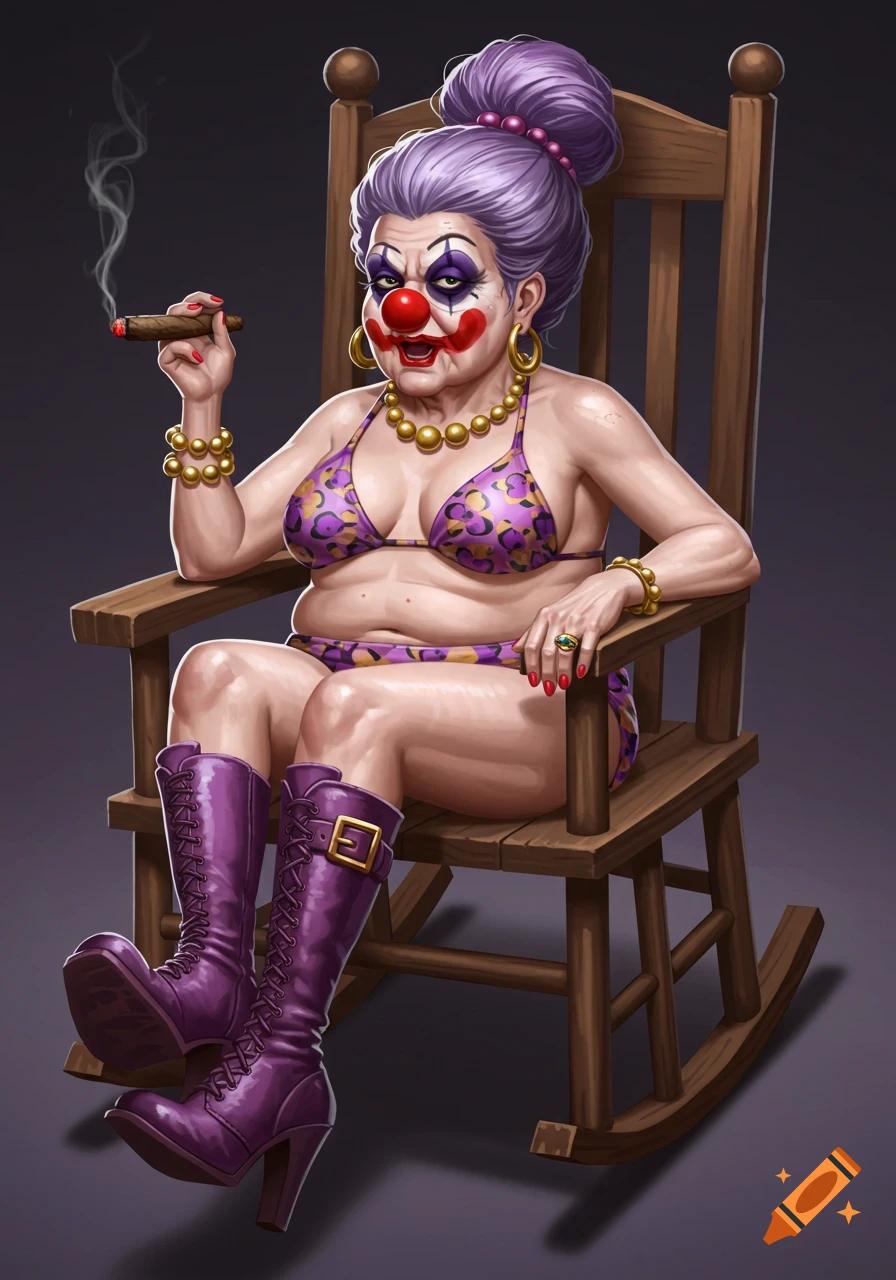 An illustrated elderly woman in a clown bikini with purple hair and boots, smoking a cigar in a rocking chair.