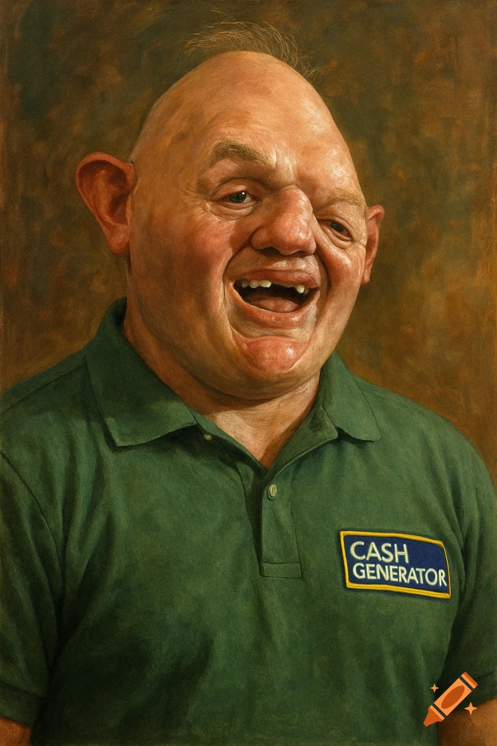 A realistic portrait of Sloth from The Goonies, smiling with his mouth open, wearing a green polo shirt with a "CASH GENERATOR" patch.