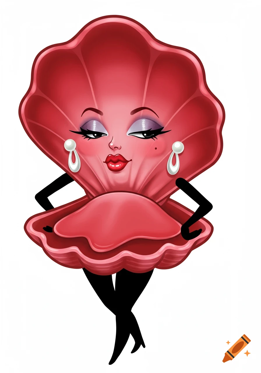 A sassy, confident cartoon anthropomorphic red clam shell with a glamorous face, red lips, heavy eyeshadow, pearl earrings, and black arms and legs.