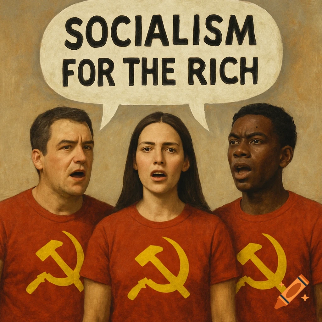 A painting of three diverse people in red hammer and sickle shirts, with a speech bubble saying 'SOCIALISM FOR THE RICH'.