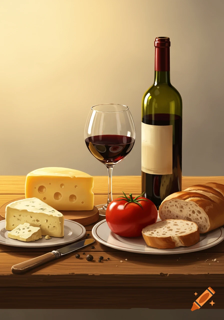 A still life painting of a wine bottle, glass of red wine, cheese, bread, and a tomato on a wooden table.