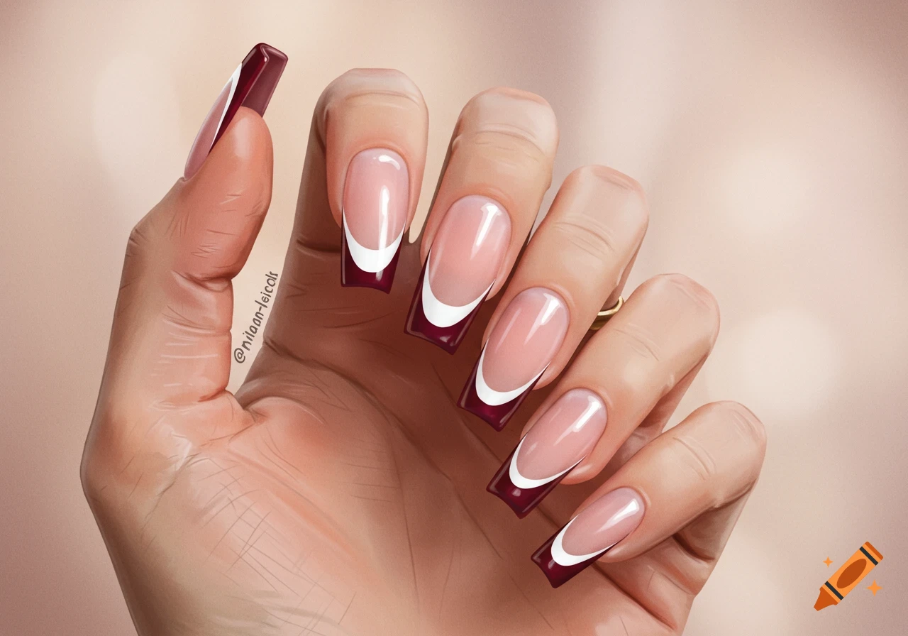 Close-up of a hand with long, square French tip nails, clear base, white tips, and dark red accents, on a light background.