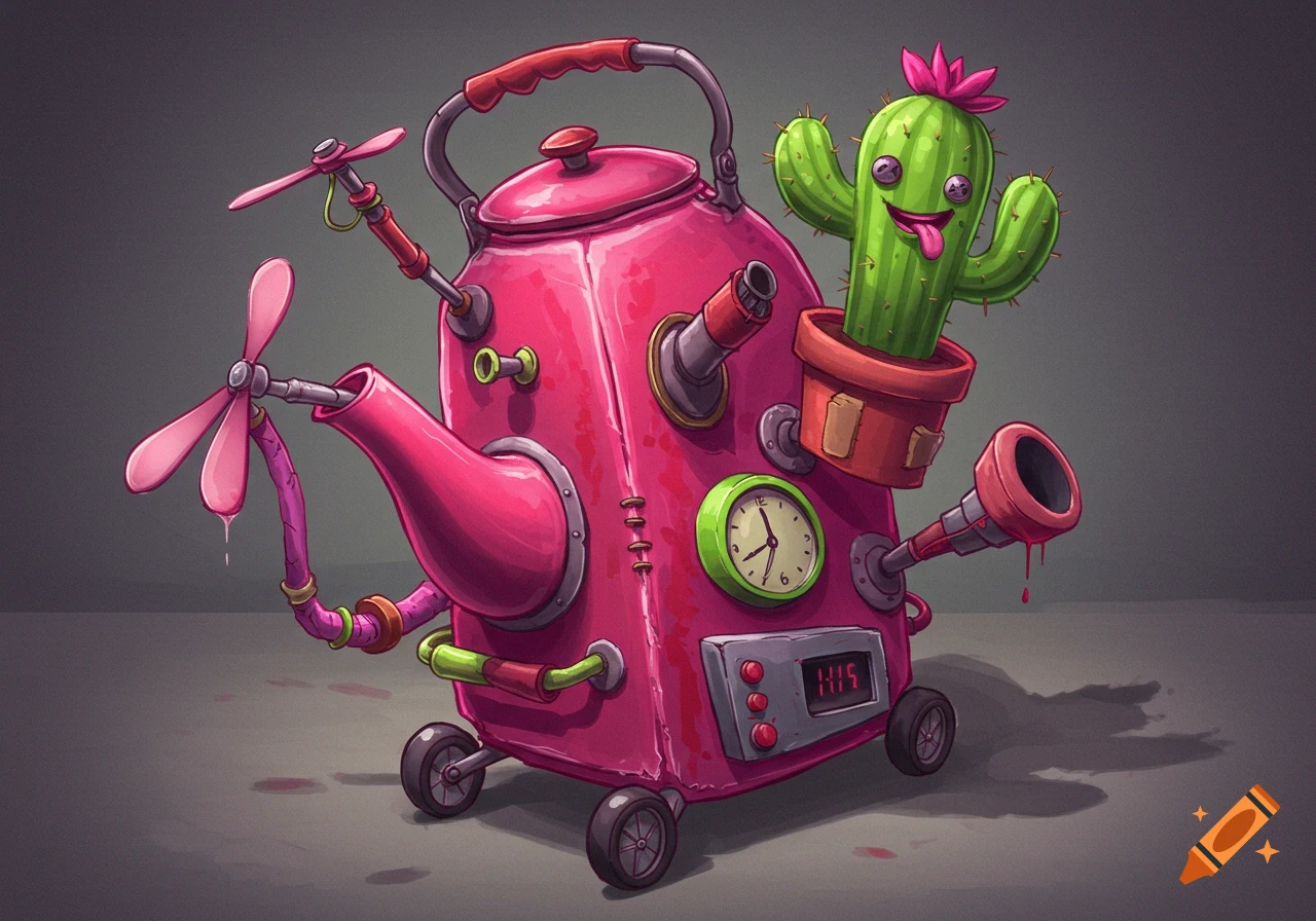 A whimsical, cartoonish pink teapot on wheels, adorned with propellers, a clock, and a smiling cactus, on a gray background.