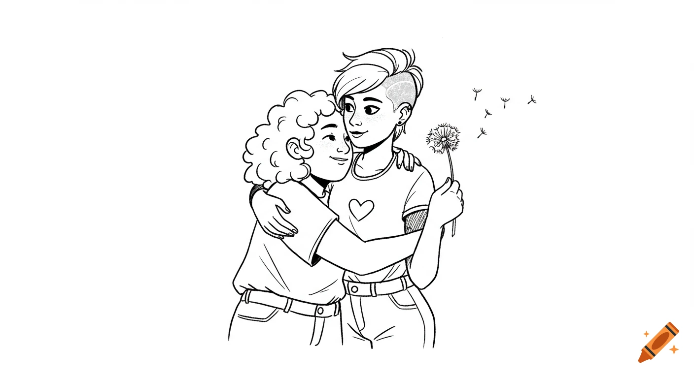 Black and white line art illustration of two women hugging, one holding a dandelion with seeds blowing away.