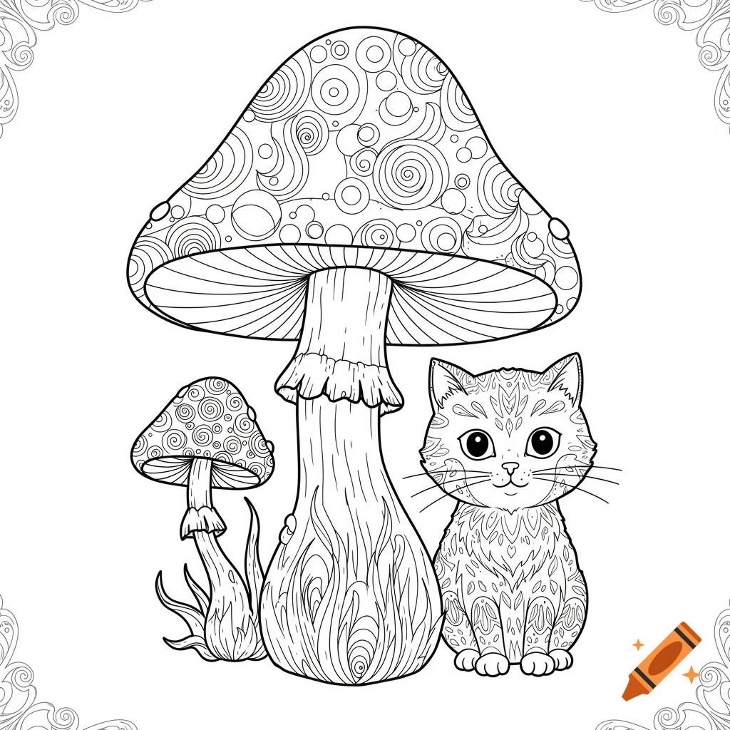 Black and white line drawing of a cat sitting next to a large and a small mushroom, both with intricate patterns.