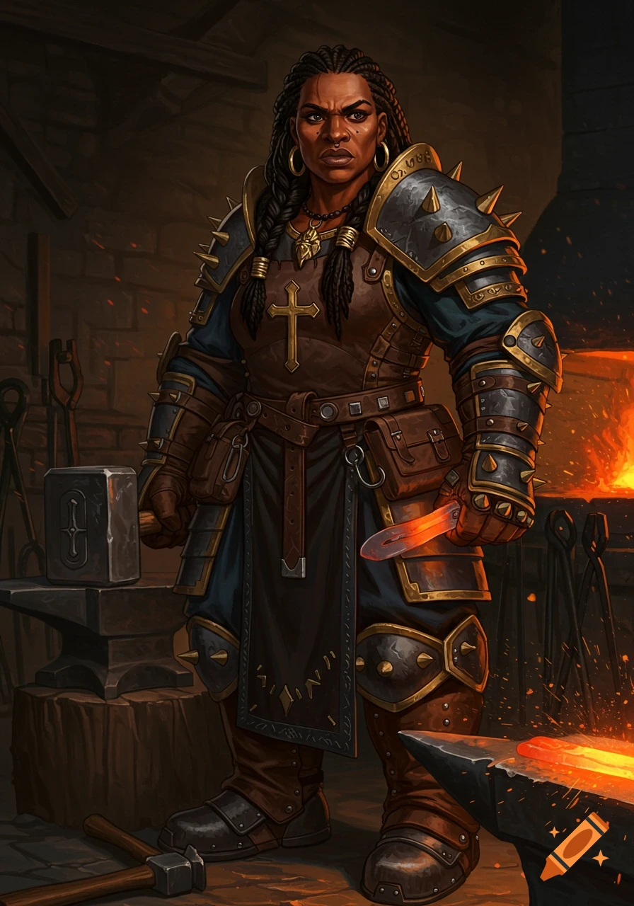 A powerful black female dwarf blacksmith in detailed armor stands in a forge, holding a hammer and hot metal, in a fantasy illustration.