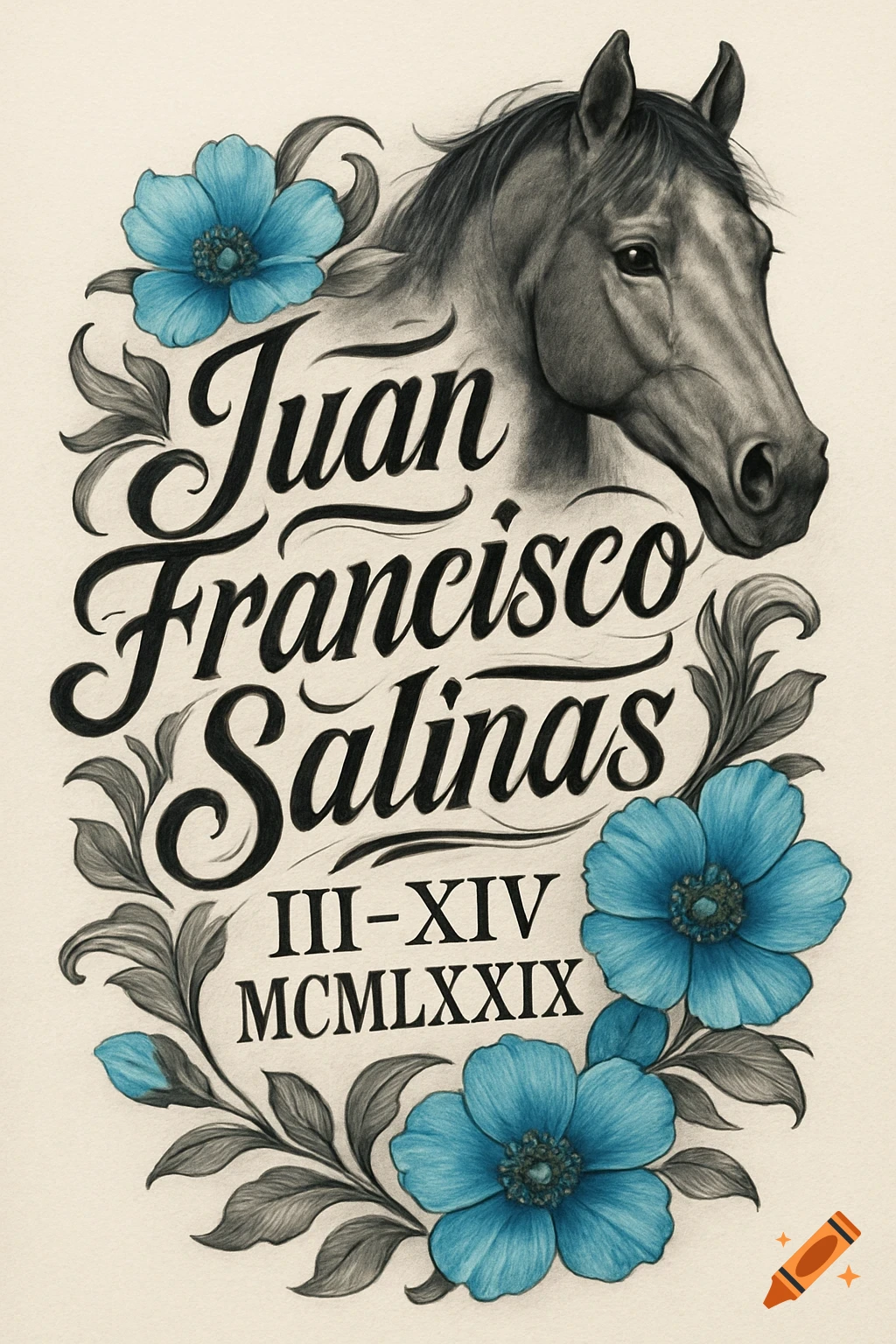 Illustration of a horse head, blue flowers, and black calligraphic text of a name and Roman numerals.