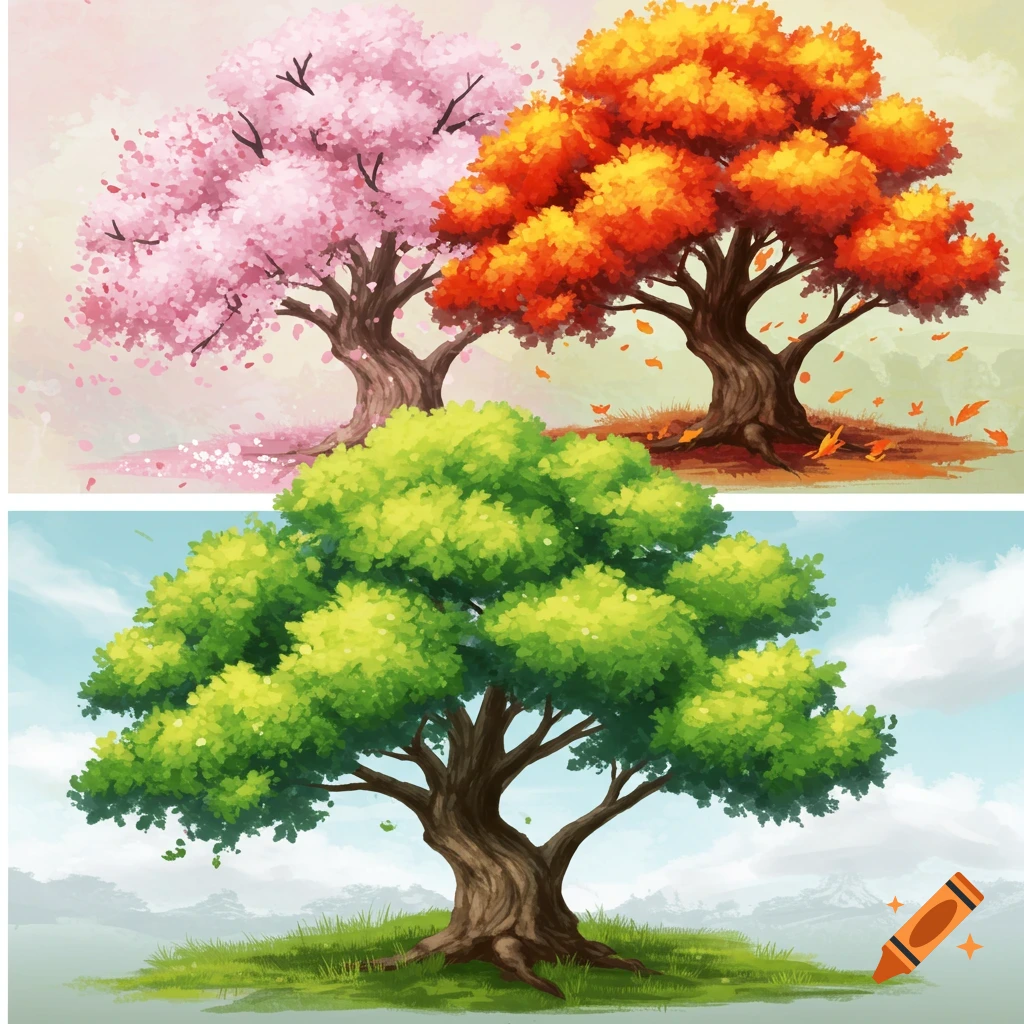 A stylized illustration featuring three trees: one with pink cherry blossoms, one with orange autumn leaves, and one with lush green leaves.