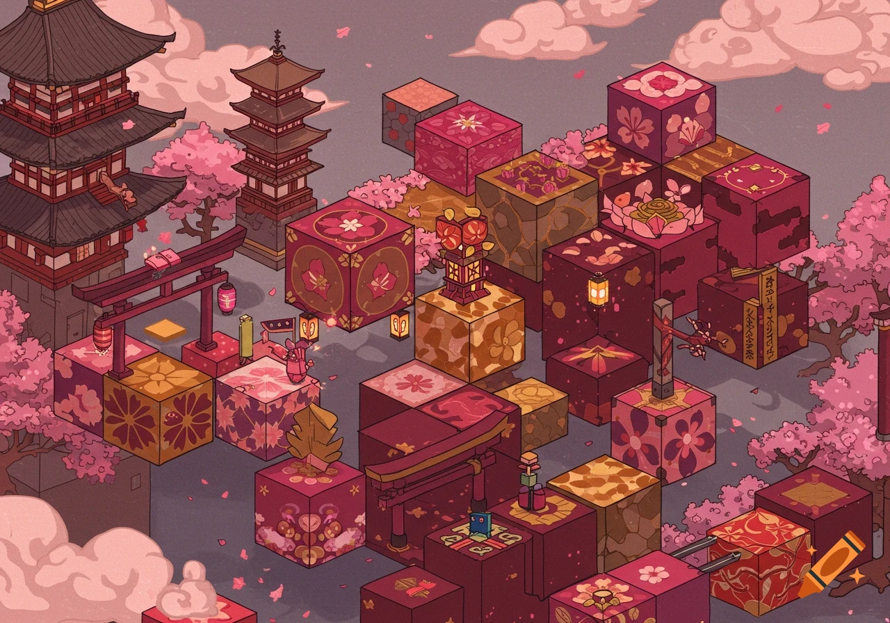Isometric view of a Japanese-themed landscape made of decorative blocks, featuring pagodas, torii gates, cherry blossom trees, and lanterns.