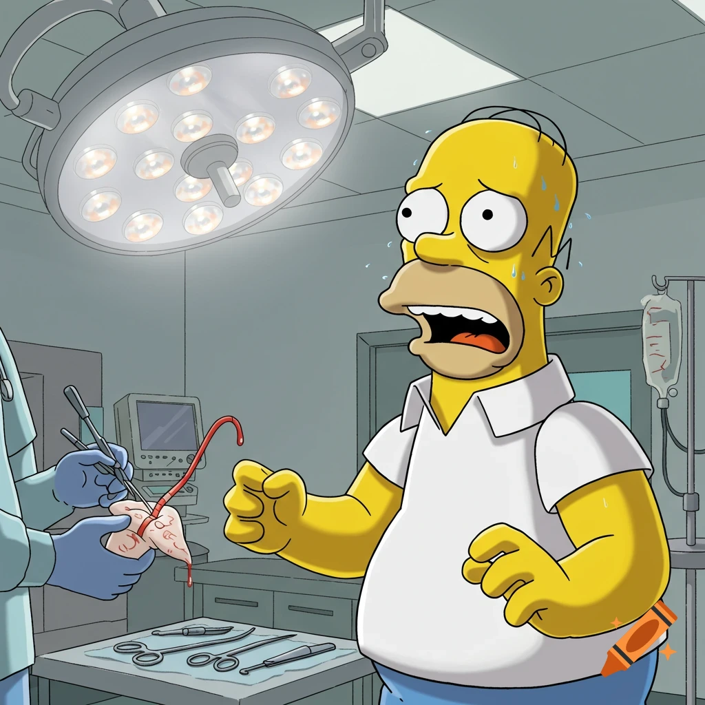 Cartoon Homer Simpson, terrified and sweating, watches a surgeon ...