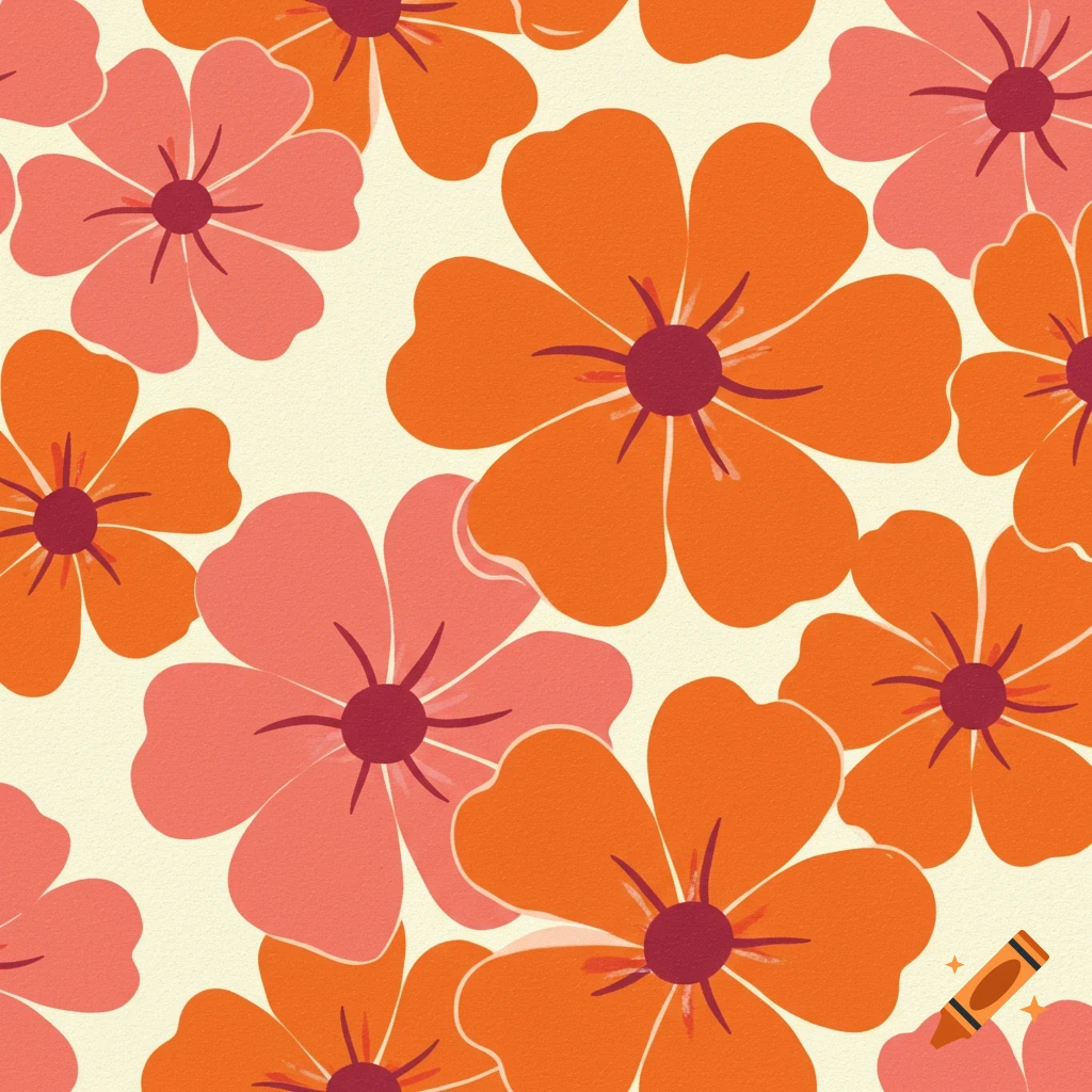 Seamless pattern of retro orange and pink flowers on a light background.
