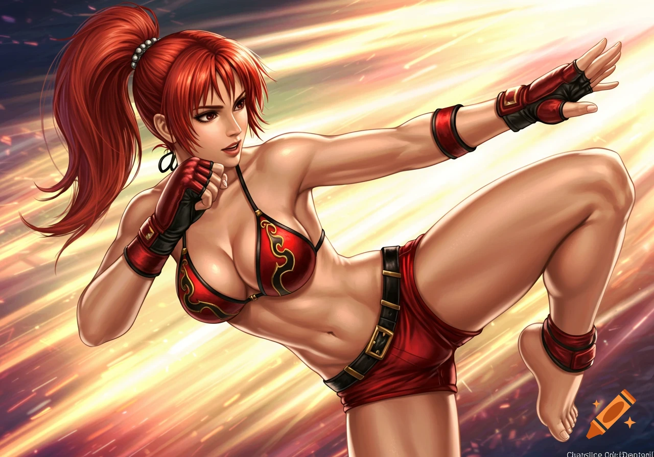 A red-haired woman in a red bikini top and shorts performs a dynamic kick against a bright, streaking background.