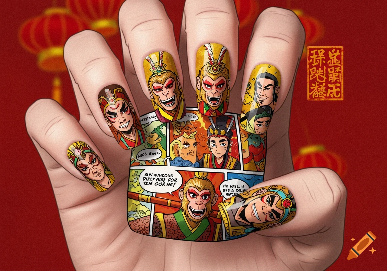 Close-up of a hand with cartoon-style nail art featuring characters resembling Sun Wukong and others from Journey to the West, with some nails depicting comic book panels. The background is red with blurred Chinese lanterns.